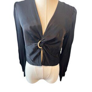 Zara Black XS Satin Long Sleeve Gold Ring Detail Top